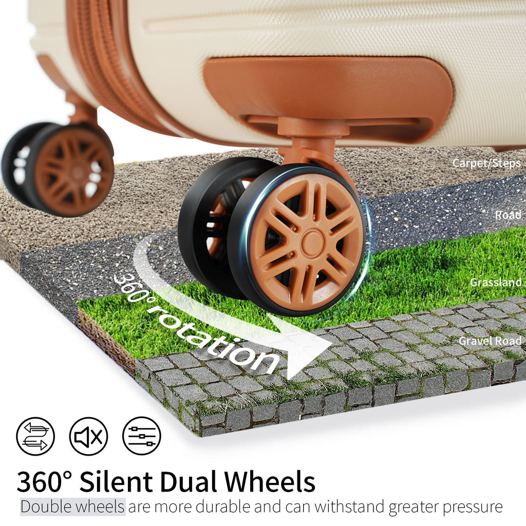 Beige hard-shell suitcase wheel close-up with multi-spoke spinner and brown bumper trim.