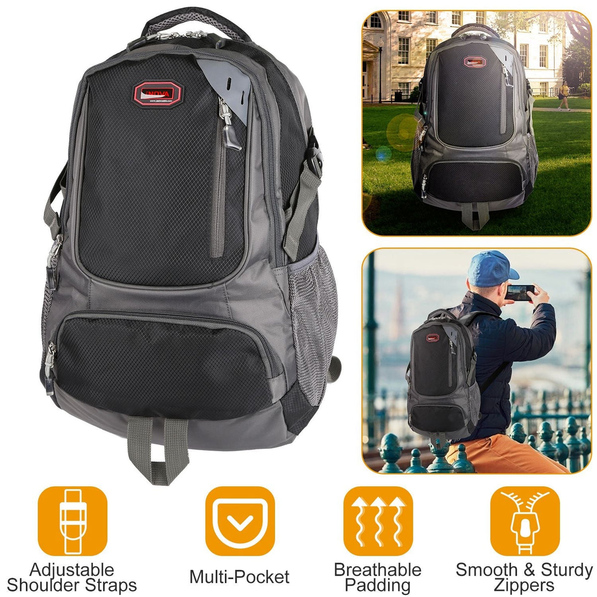 Gray backpack with large front pocket, zip closures, and adjustable shoulder straps