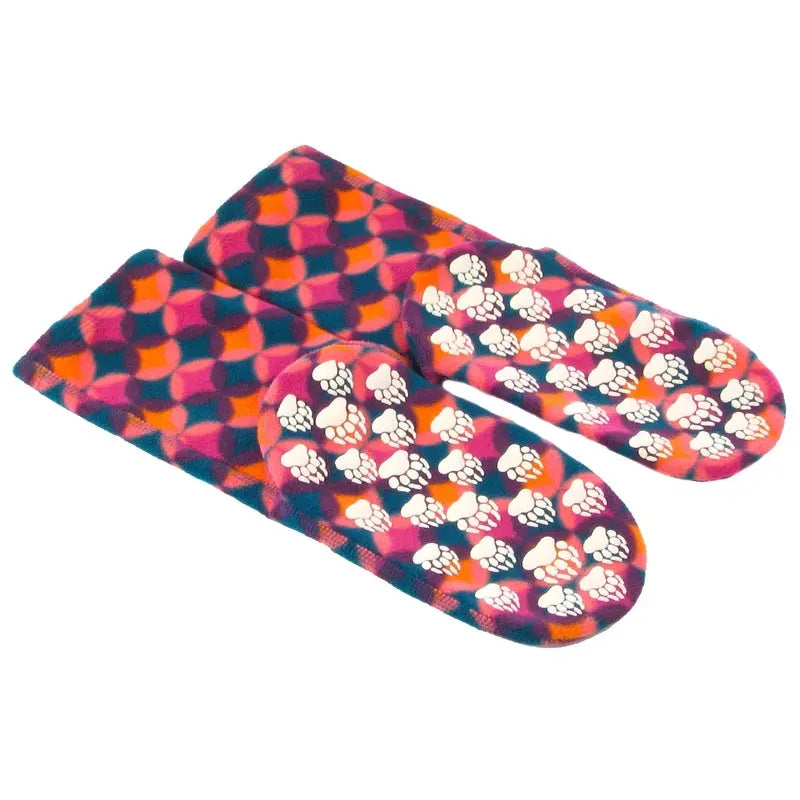 Flat view of patterned socks with white paw-print graphics on the foot