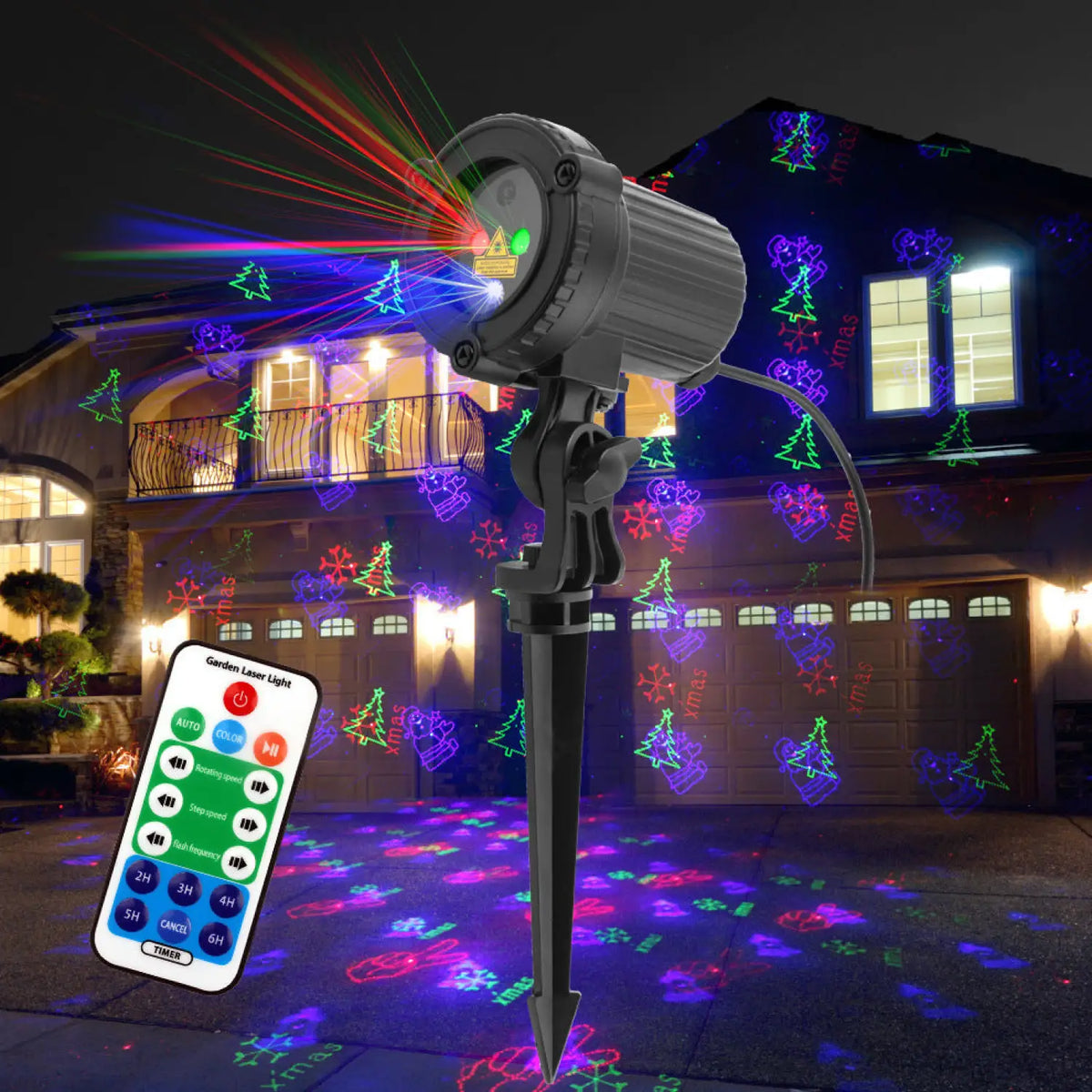 Black garden spike spotlight casting multicolor holiday patterns with remote