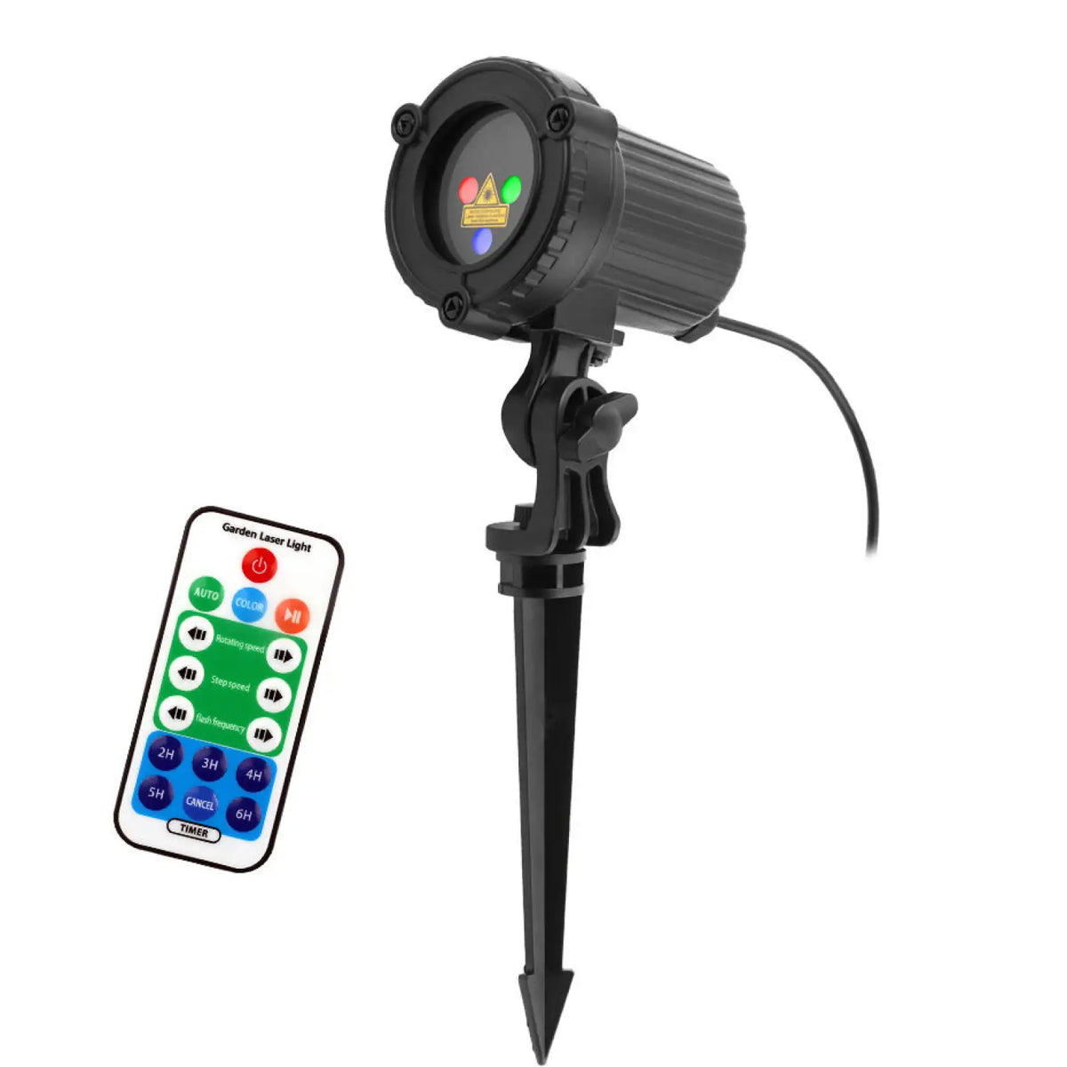Black color-changing garden spike light with adjustable spotlight head and remote