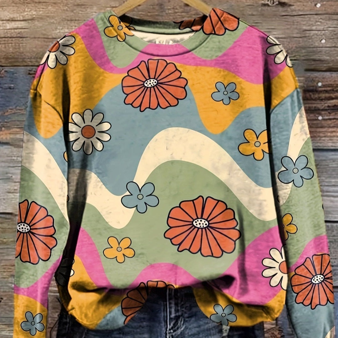 Women's round-neck sweater in multicolor floral print, long sleeves