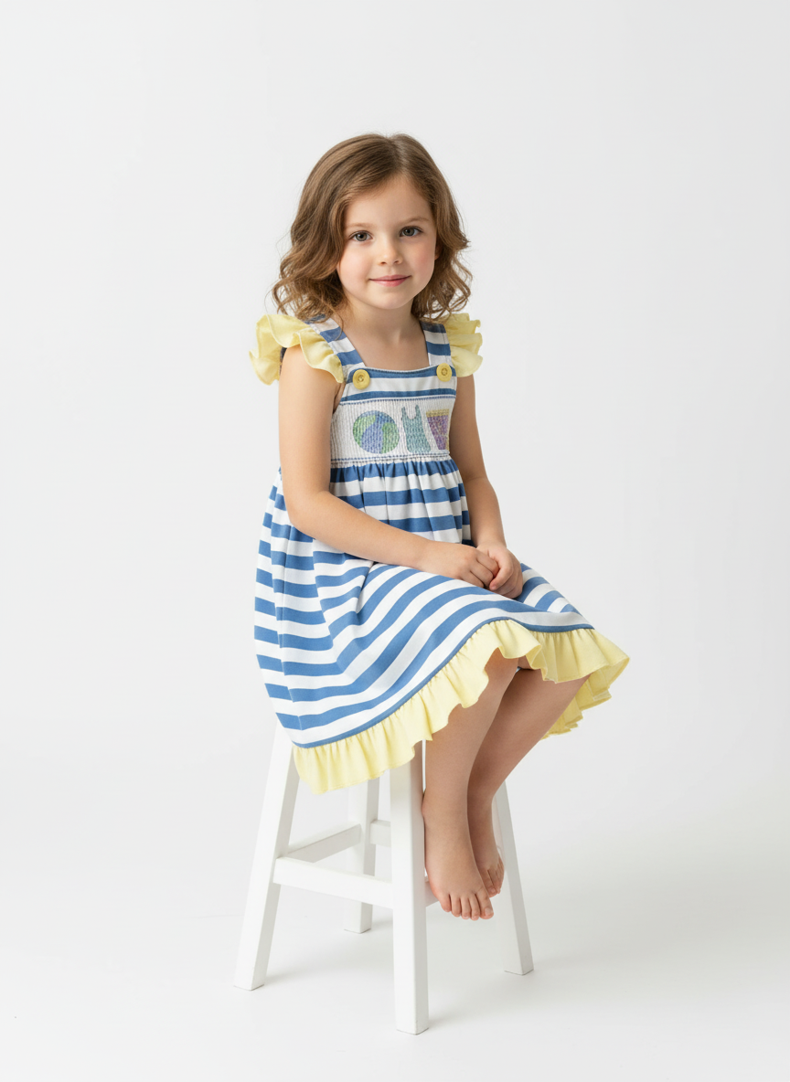 Girls seaside dress on model: blue striped skirt, yellow ruffle hem, embroidered front panel