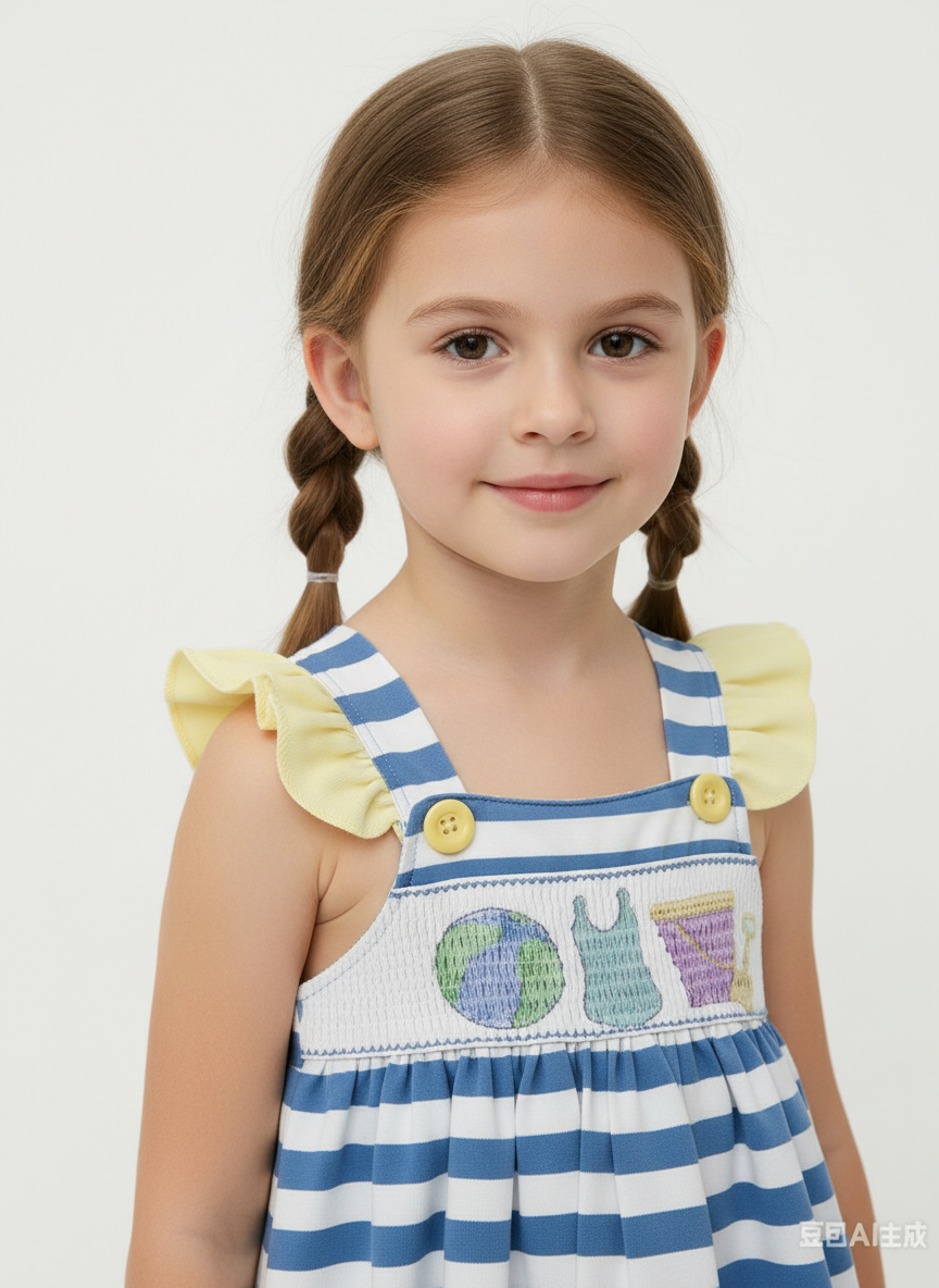 Girls seaside dress close-up: embroidered bib front, blue stripes, yellow cap-sleeve ruffles