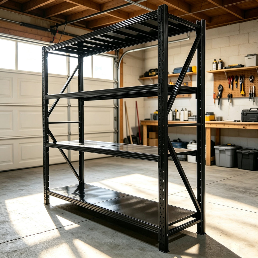 Black four-tier metal shelving rack with wide adjustable shelves and diagonal braces