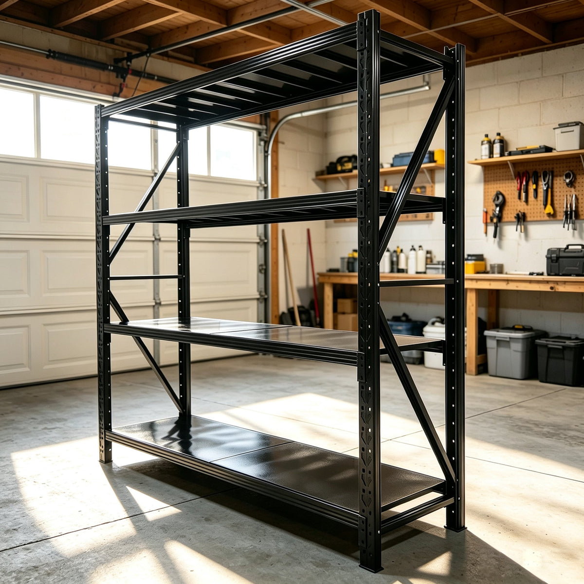 Black four-tier metal shelving rack with wide adjustable shelves and diagonal braces