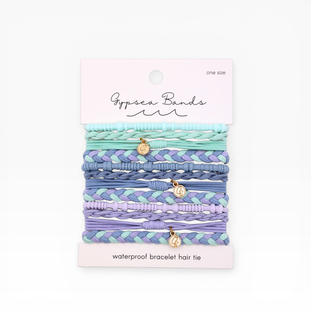 Set of braided hair tie bracelets, pastel teal and purple with gold charms