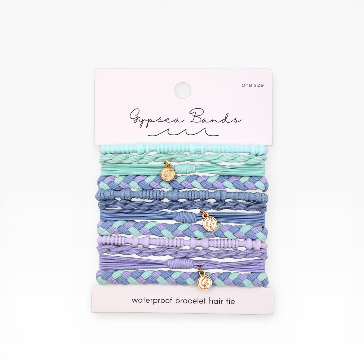 Set of braided hair tie bracelets, pastel teal and purple with gold charms