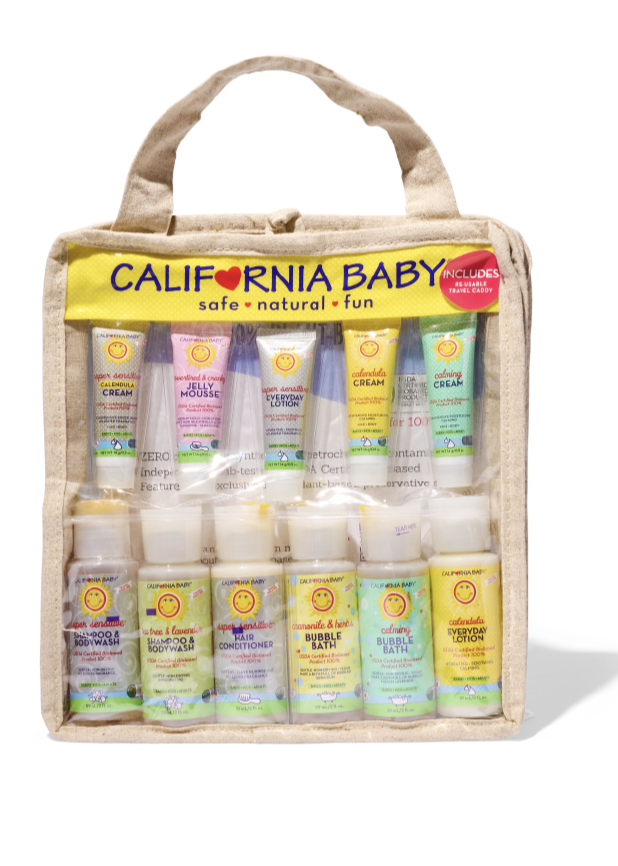 Plant-based deluxe travel set: beige pouch with California Baby bottles, front view
