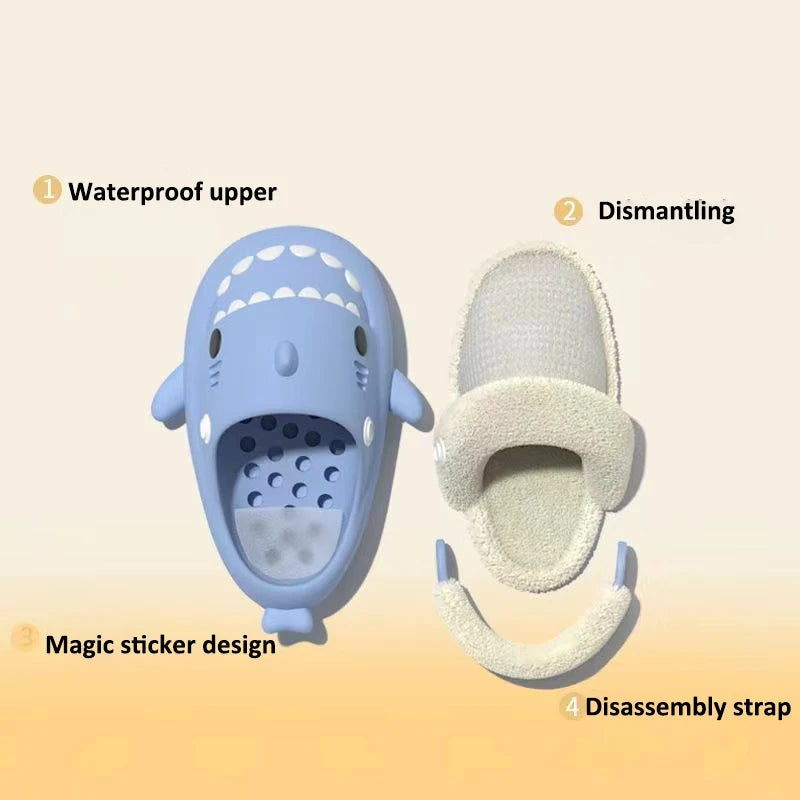 Blue kids shark slippers with plush lining and hook-and-loop detachable strap