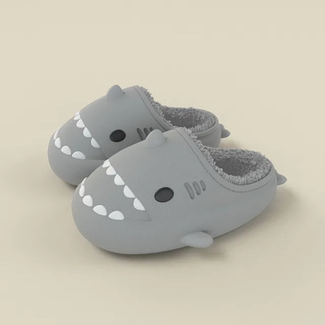 Kids shark winter slippers, light gray with white tooth trim and fuzzy lining