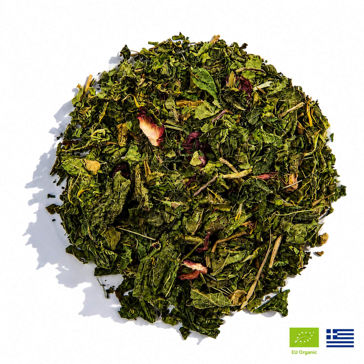 Loose green detox tea leaves, dried herbal blend for steeping