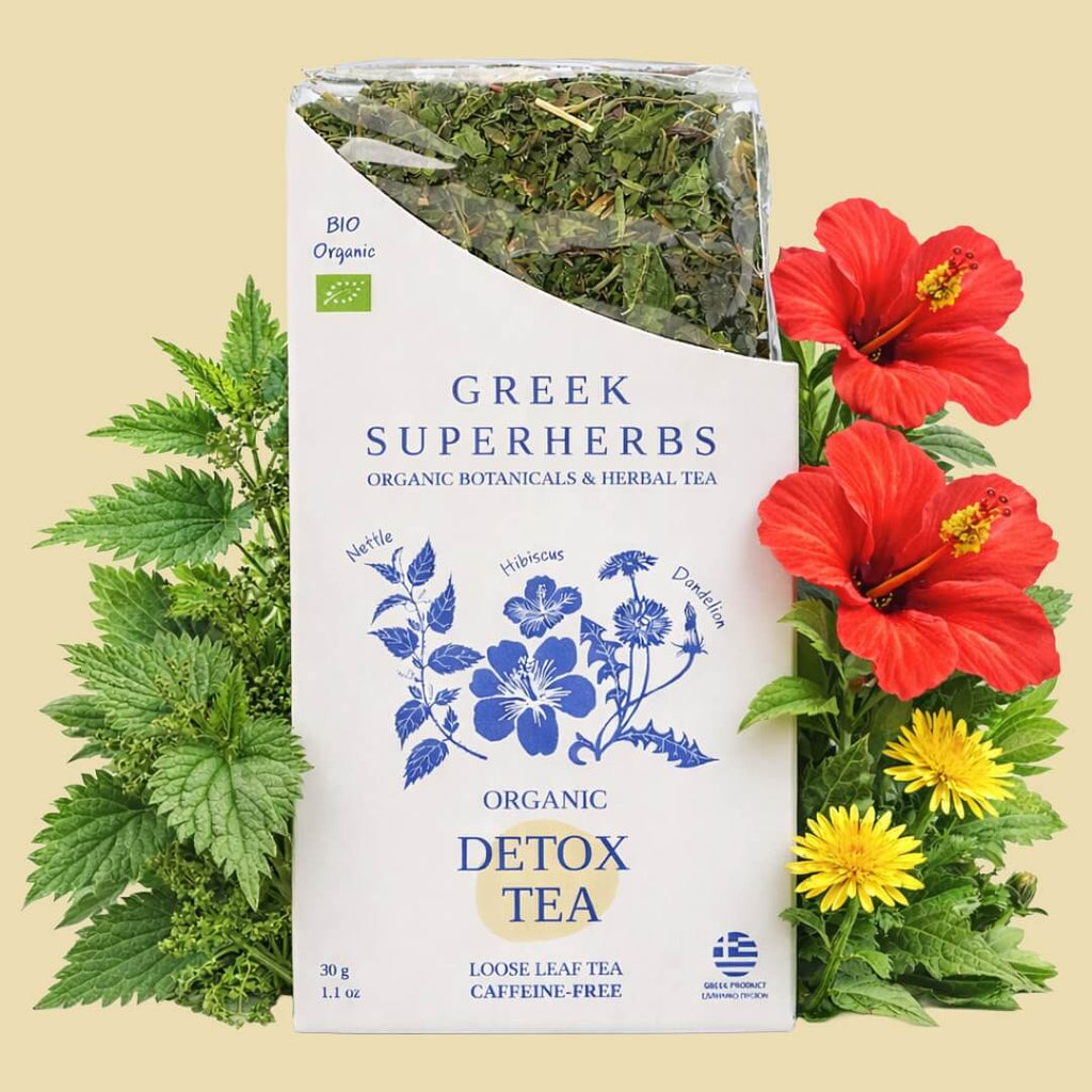 Organic detox tea box with herbal leaf blend and caffeine-free label