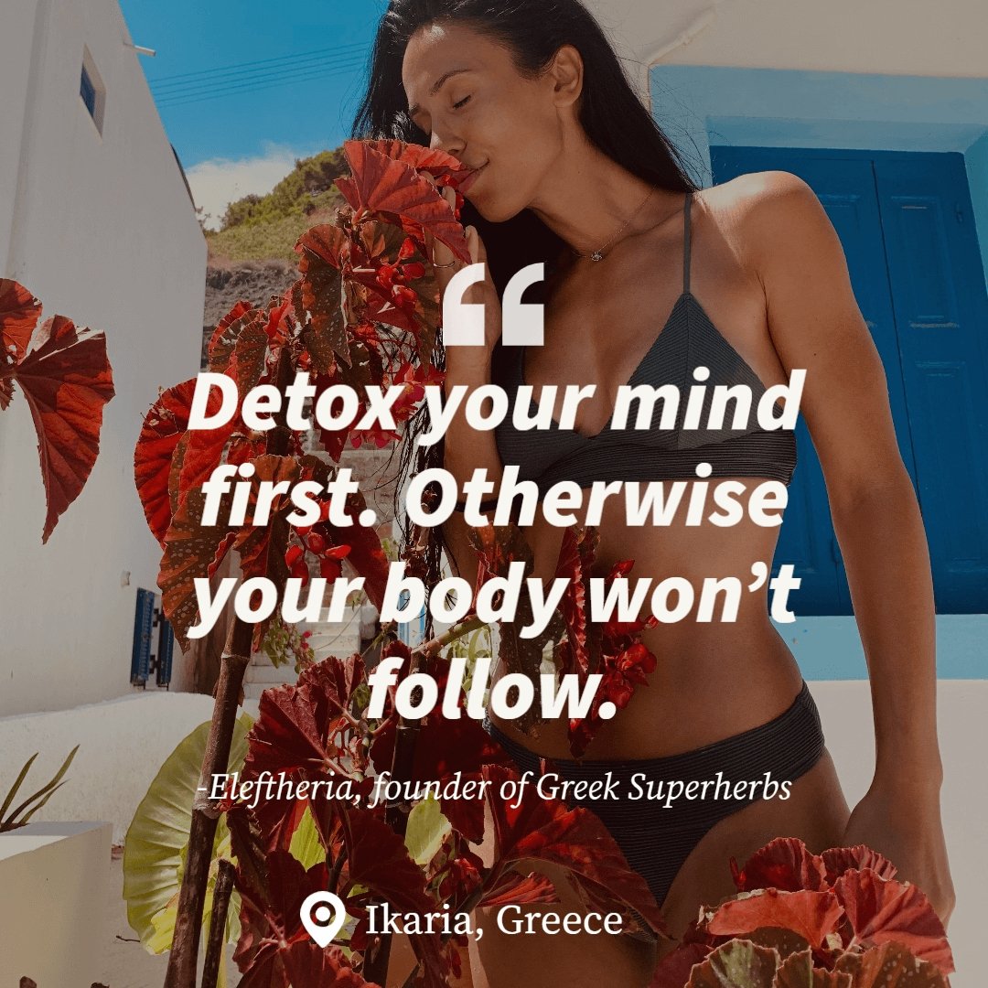 Detox tea lifestyle promo with woman holding red flowers in front of a doorway