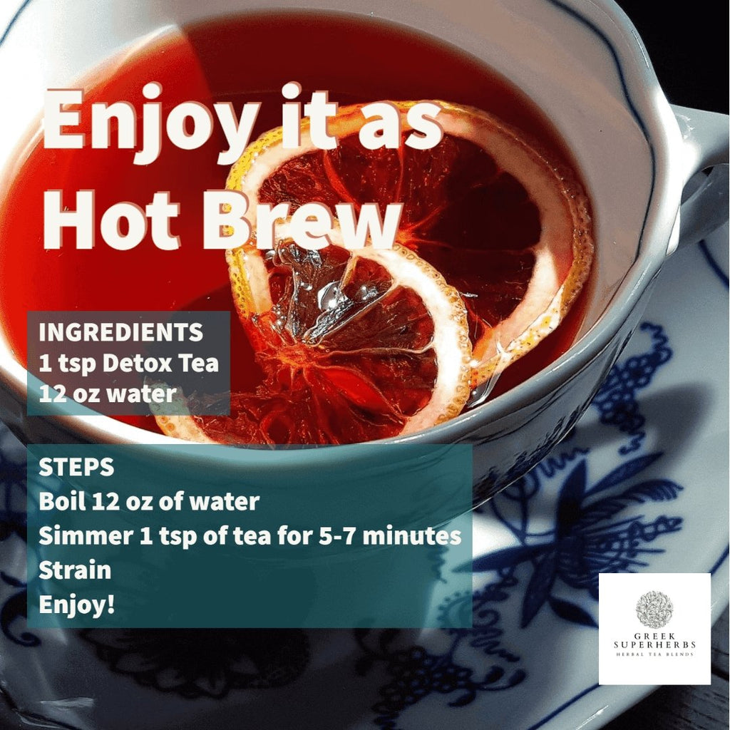 Hot detox tea in a mug with tea bag steeping and brewing instructions graphic