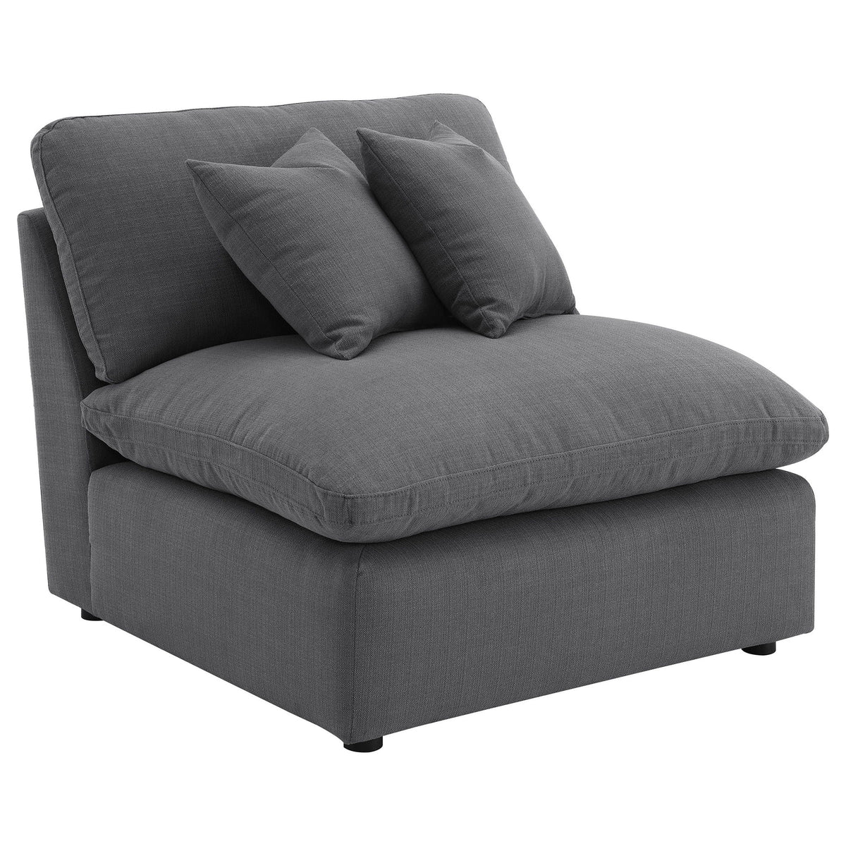 Charcoal upholstered sofa chaise with three seat/back pillows and rounded arms