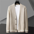 Men's knit cardigan sweater coat, beige with striped hem and button-front