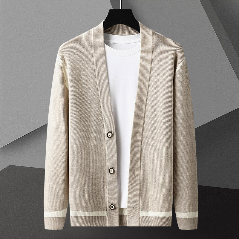 Men's knit cardigan sweater coat, beige with striped hem and button-front