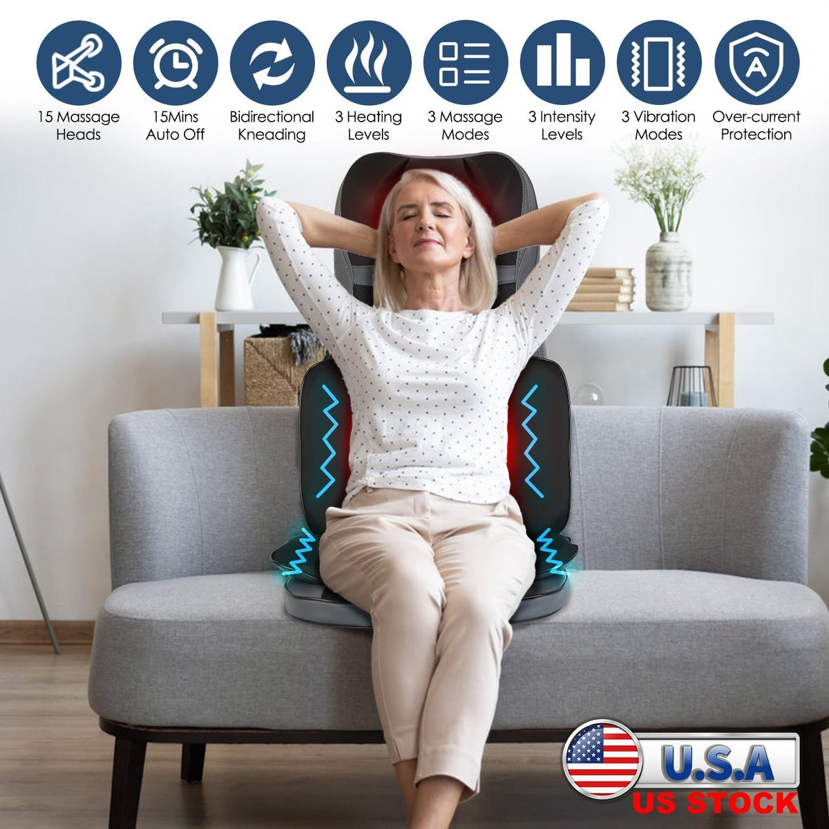 Woman seated on heated shiatsu massage chair pad with illuminated kneading nodes