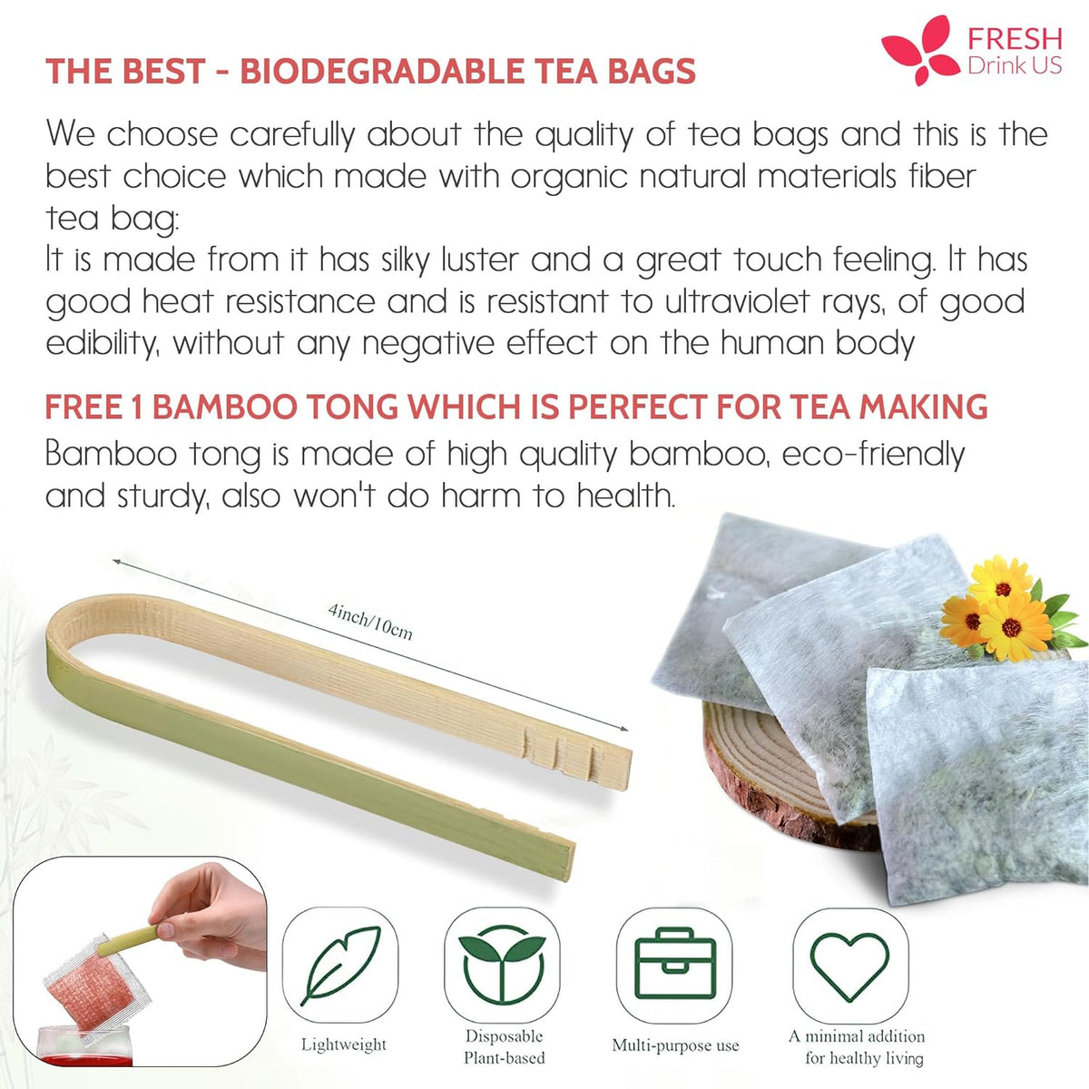 Biodegradable tea bags with bamboo tong for tea making and usage icons