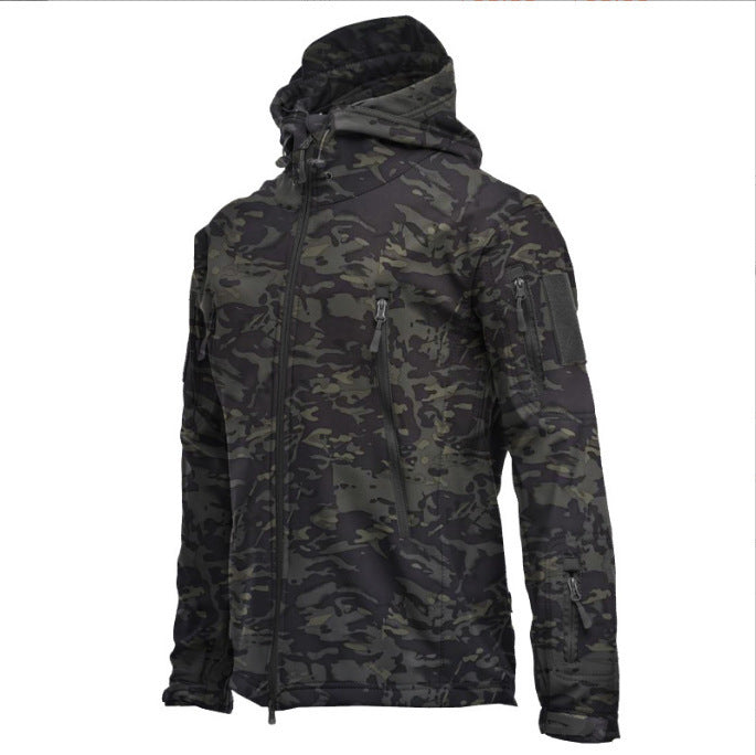 Three-in-one all-weather shell jacket in dark camouflage with zip front and hood