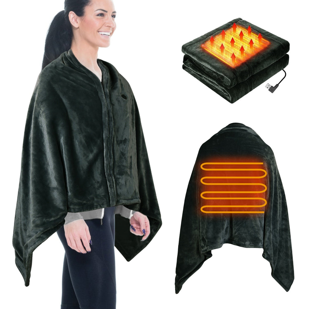 Hooded heated poncho with warm orange heating grid panel, dark plush fabric