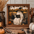 Halloween ghost in black hat holding a book inside rustic wood framed sign