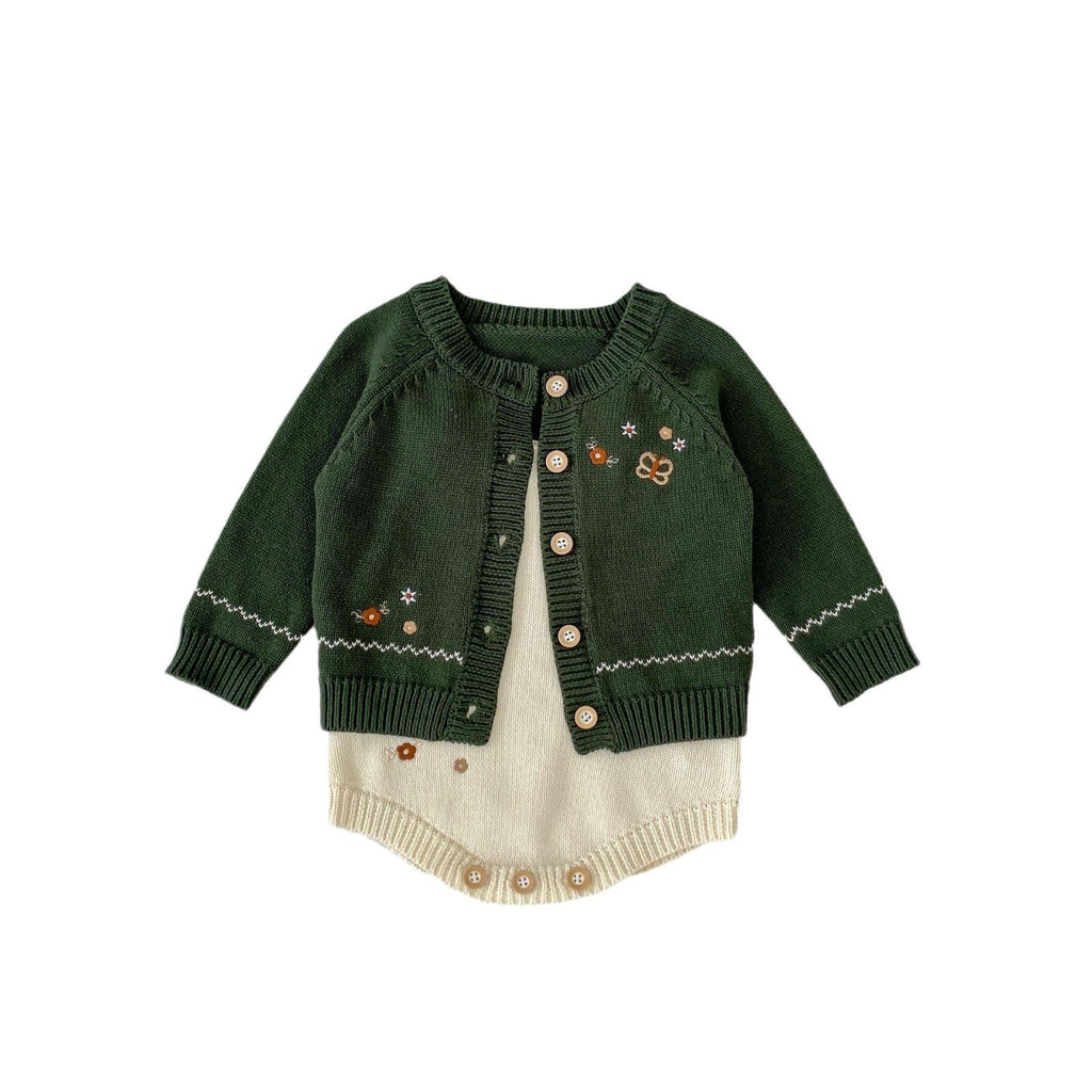Infant dark green knit cardigan with contrast trim, button front, and cream hem