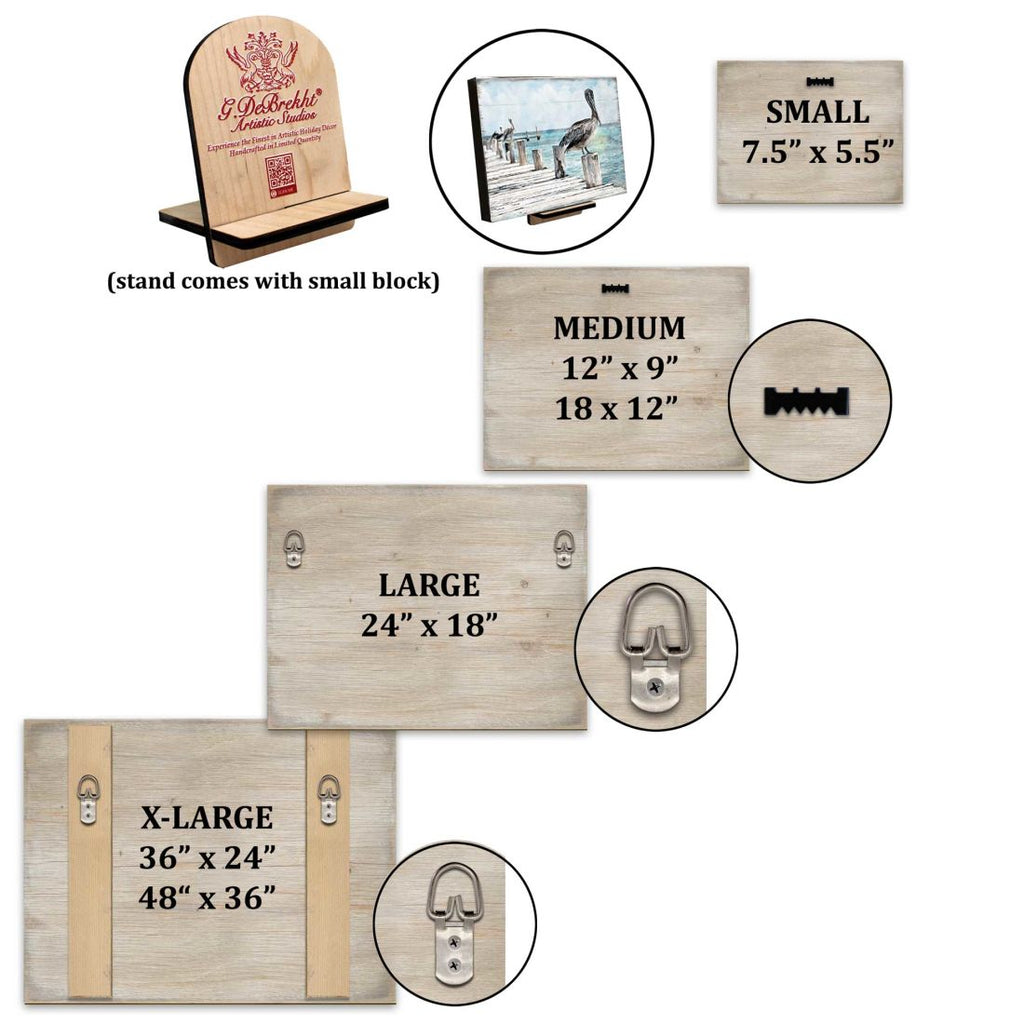 Wall art size chart showing small, medium, large, and x-large plaque dimensions