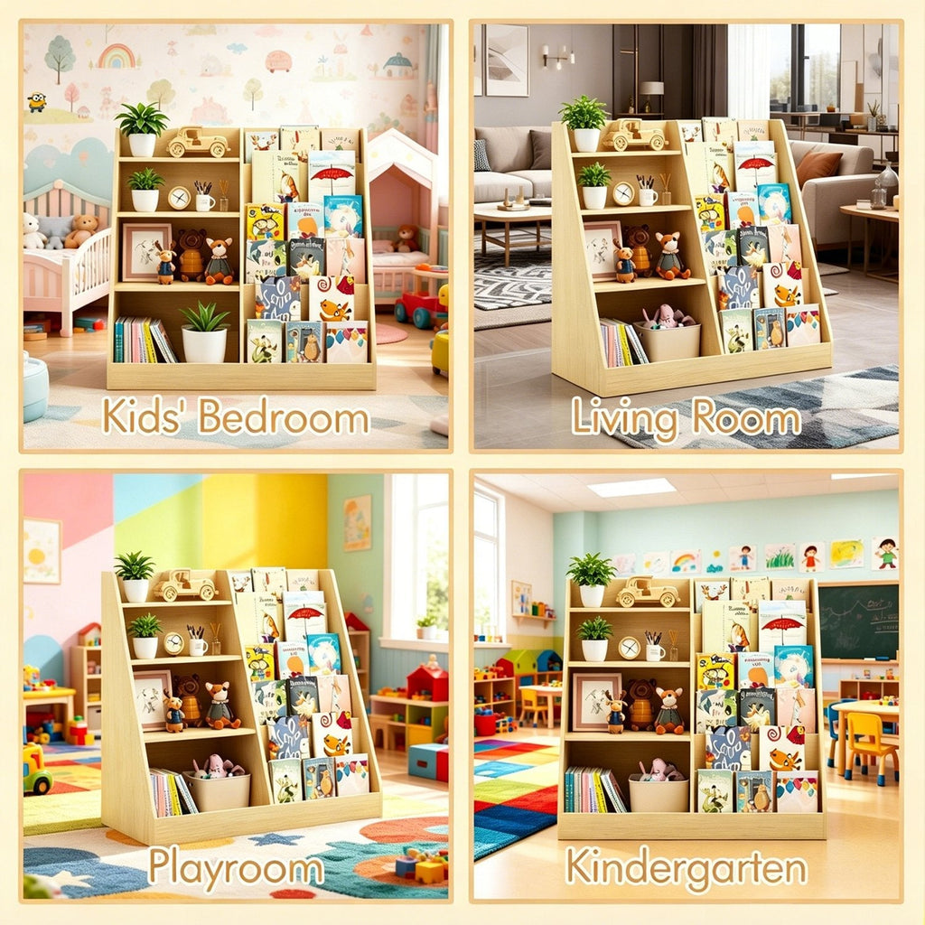 Light wood standing kids bookshelf with open shelves in a playroom setting