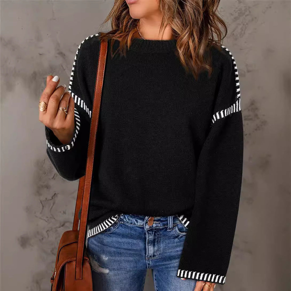 Women’s black round-neck pullover sweater with striped cuffs and hem