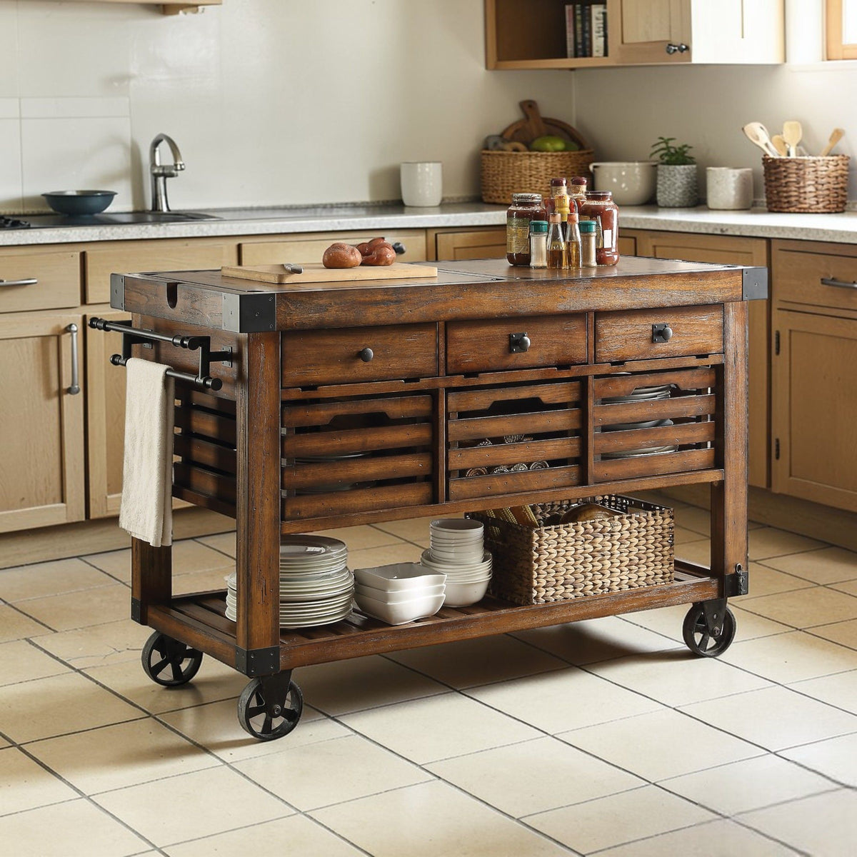 Chestnut kitchen cart with multiple drawers, open slatted shelves, and caster base.
