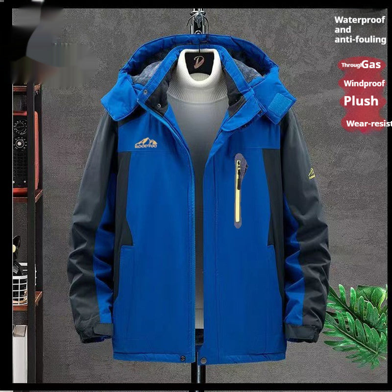 Blue waterproof windproof jacket with hood and center zipper, chest pocket