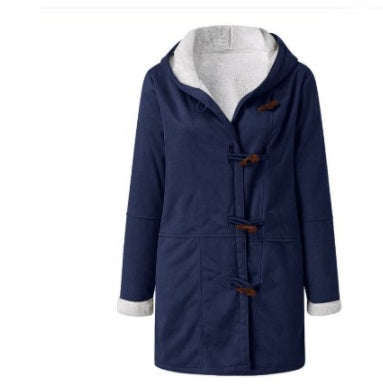 Women’s hooded winter coat in navy with white fleece lining, toggle front, and pockets