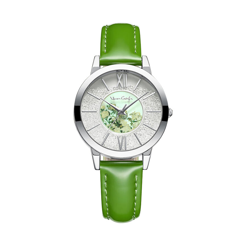 Green leather-strap quartz watch with silver round dial and Roman numerals