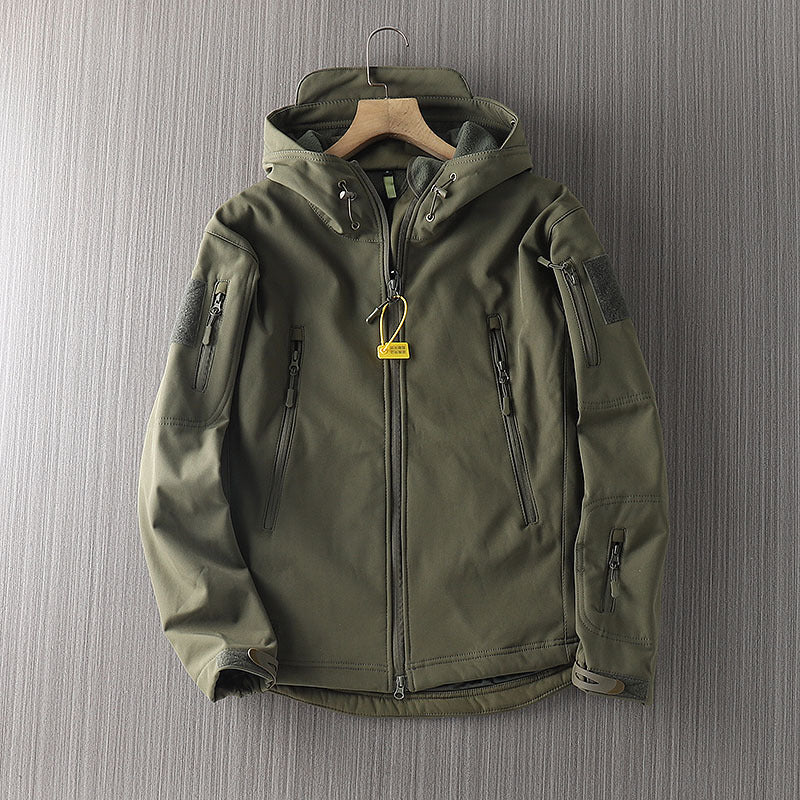 Men's waterproof shell jacket in dark olive green, front zip with multiple utility zips