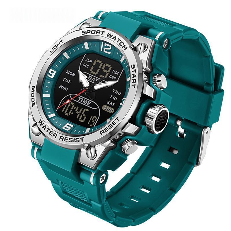 Waterproof dual-display sport watch, turquoise silicone strap with black dial and silver case
