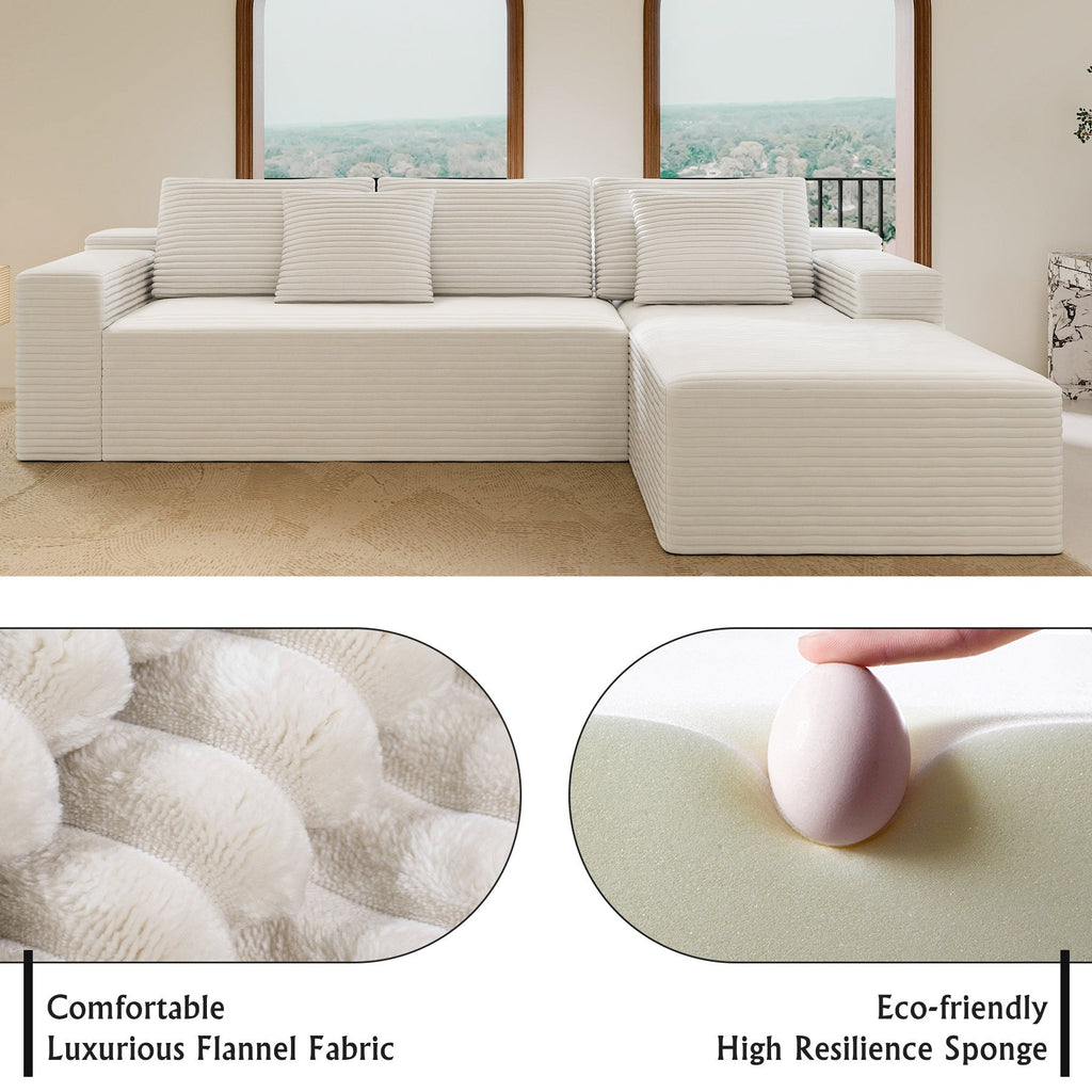 White modular sectional sofa seat with chaise, flannel-style fabric and upholstered cushioning