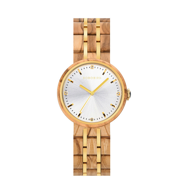 Womens quartz watch with white dial, gold hands, and light tan link strap
