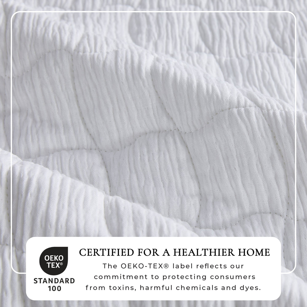 White gauze quilt set close-up, wave-stitch quilting with raised fabric texture