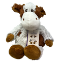 Stuffed cow plush toy in white and brown with Warmies label on chest