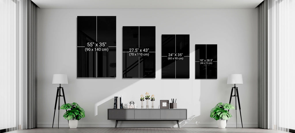 Set of four glass wall art panels with spice spoon designs and size labels