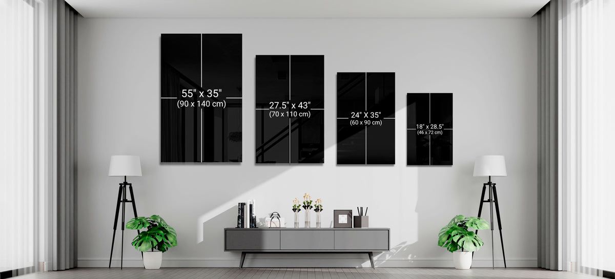 Set of four glass wall art panels with spice spoon designs and size labels
