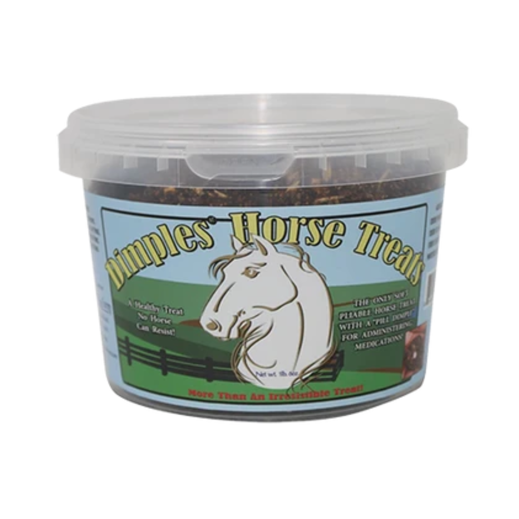 Horse treat tub with clear lid, green label featuring horse illustration