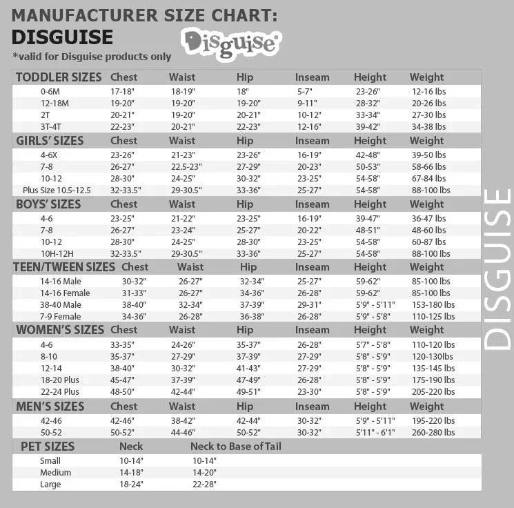 Disguise size chart showing toddler, boys, girls, and teen measurements