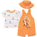 Baby boys 3-piece outfit set: orange overalls, striped T-shirt, matching bucket hat