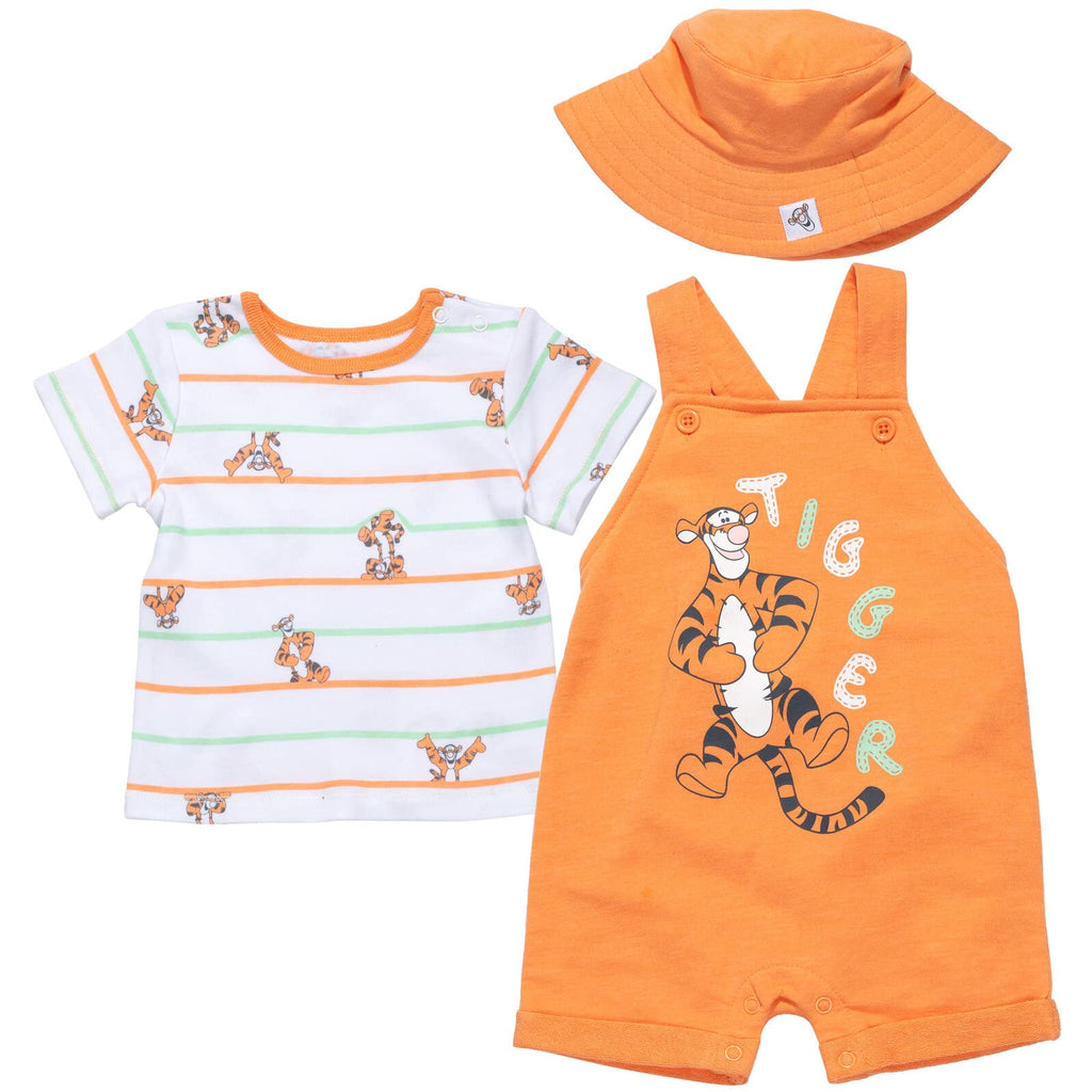 Orange overalls romper with pocket detail, striped tee and bucket hat set for baby boys