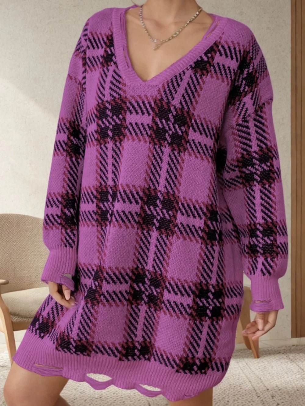 Distressed plaid sweater dress with V-neck and long sleeves, purple with black check pattern