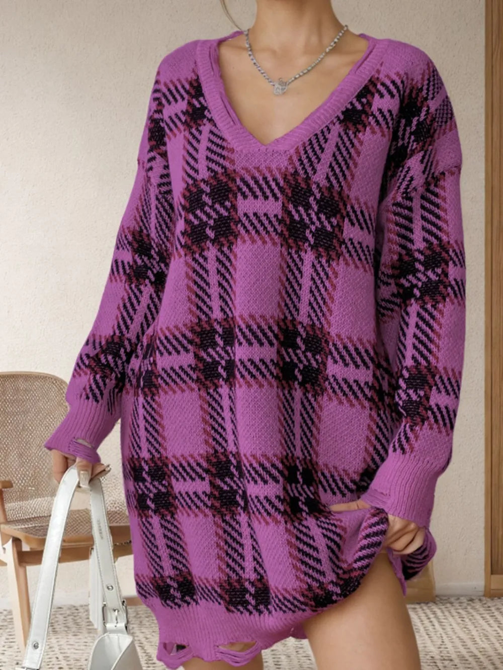 Distressed plaid V-neck long-sleeve sweater dress, purple knit with scalloped hem