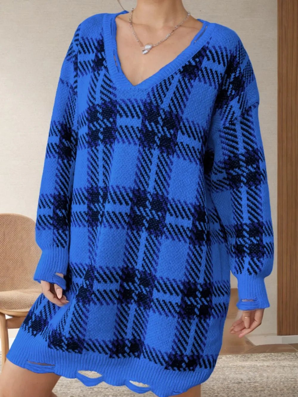 Distressed plaid V-neck long-sleeve sweater dress, royal blue knit with black check pattern